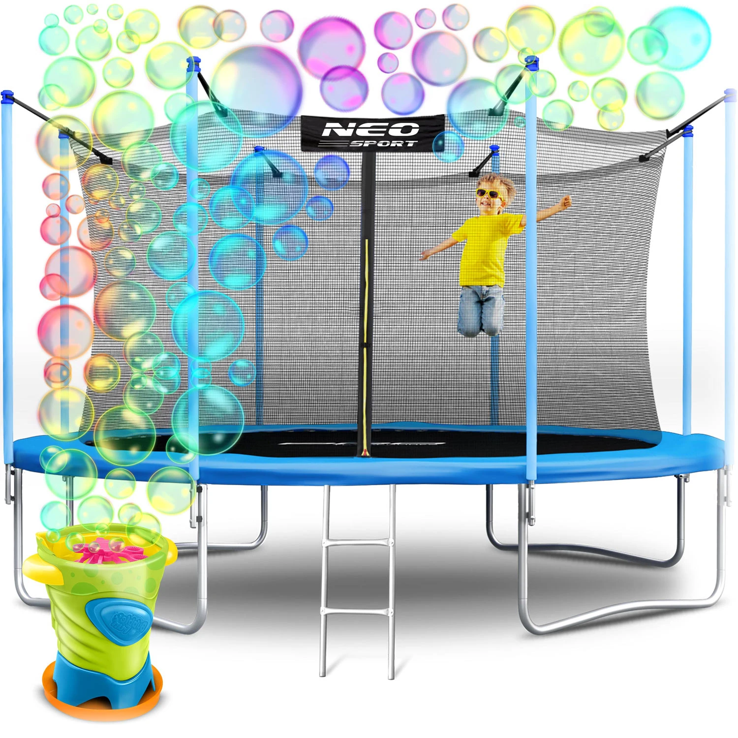 Trampolina ogrodowa 13ft/404cm z siatką wewnętrzną i drabinką Neo-Sport + maszyna do baniek GRATIS